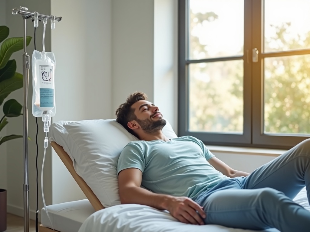 Patient relaxing while receiving IV vitamin therapy in a comfortable setting