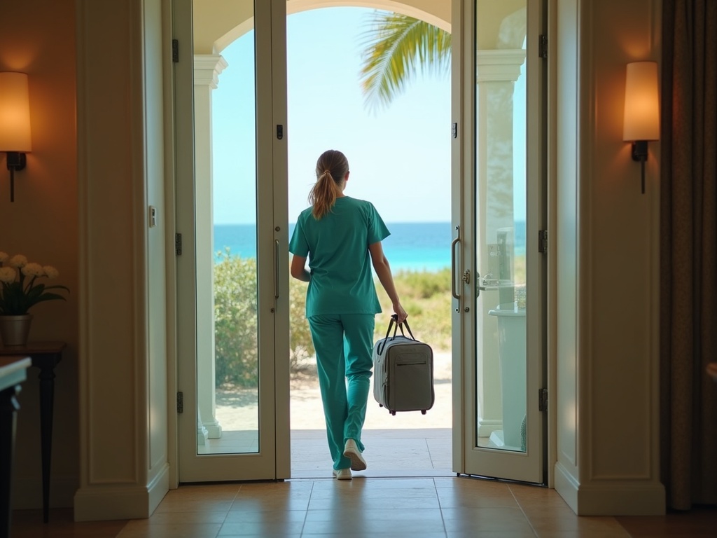 Mobile IV therapy nurse arriving at hotel for treatment